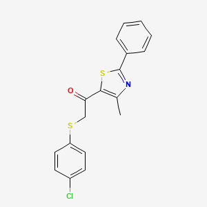 molecular formula C18H14ClNOS2 B2449877 2-[(4-Chlorophenyl)sulfanyl]-1-(4-methyl-2-phenyl-1,3-thiazol-5-yl)-1-ethanone CAS No. 478047-38-0