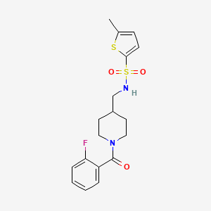 molecular formula C18H21FN2O3S2 B2449888 N-((1-(2-氟苯甲酰)哌啶-4-基)甲基)-5-甲基噻吩-2-磺酰胺 CAS No. 1235151-95-7