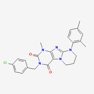 molecular formula C24H24ClN5O2 B2449897 3-(4-chlorobenzyl)-9-(2,4-dimethylphenyl)-1-methyl-6,7,8,9-tetrahydropyrimido[2,1-f]purine-2,4(1H,3H)-dione CAS No. 923481-94-1