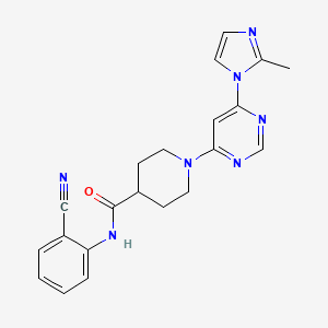 molecular formula C21H21N7O B2449932 N-(2-cyanophenyl)-1-(6-(2-methyl-1H-imidazol-1-yl)pyrimidin-4-yl)piperidine-4-carboxamide CAS No. 1351634-85-9