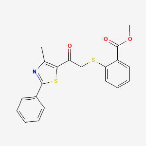 molecular formula C20H17NO3S2 B2449938 Methyl 2-{[2-(4-methyl-2-phenyl-1,3-thiazol-5-yl)-2-oxoethyl]sulfanyl}benzenecarboxylate CAS No. 478047-42-6