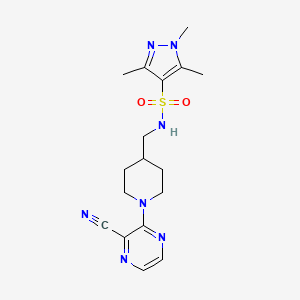 molecular formula C17H23N7O2S B2449987 N-((1-(3-氰基吡嗪-2-基)哌啶-4-基)甲基)-1,3,5-三甲基-1H-吡唑-4-磺酰胺 CAS No. 1797956-53-6