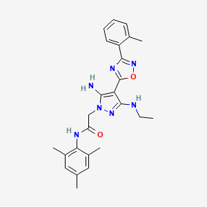 molecular formula C25H29N7O2 B2450031 2-(5-amino-3-(ethylamino)-4-(3-(o-tolyl)-1,2,4-oxadiazol-5-yl)-1H-pyrazol-1-yl)-N-mesitylacetamide CAS No. 1172746-01-8