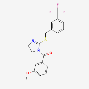 molecular formula C19H17F3N2O2S B2450060 (3-methoxyphenyl)(2-((3-(trifluoromethyl)benzyl)thio)-4,5-dihydro-1H-imidazol-1-yl)methanone CAS No. 851805-60-2