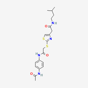 molecular formula C20H26N4O3S2 B2450120 N-(4-acetamidophenyl)-2-((4-(2-(isopentylamino)-2-oxoethyl)thiazol-2-yl)thio)acetamide CAS No. 941891-77-6