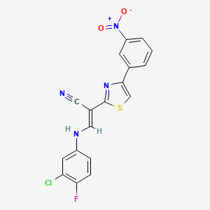 molecular formula C18H10ClFN4O2S B2450216 (E)-3-((3-chloro-4-fluorophenyl)amino)-2-(4-(3-nitrophenyl)thiazol-2-yl)acrylonitrile CAS No. 683258-51-7