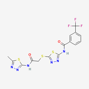 molecular formula C15H11F3N6O2S3 B2450254 N-(5-((2-((5-methyl-1,3,4-thiadiazol-2-yl)amino)-2-oxoethyl)thio)-1,3,4-thiadiazol-2-yl)-3-(trifluoromethyl)benzamide CAS No. 392319-25-4