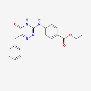 molecular formula C20H20N4O3 B2450264 Ethyl 4-((6-(4-methylbenzyl)-5-oxo-4,5-dihydro-1,2,4-triazin-3-yl)amino)benzoate CAS No. 898651-31-5