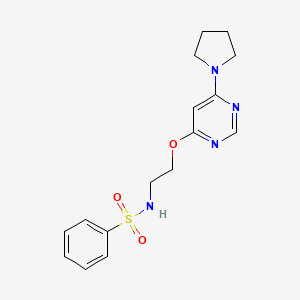 molecular formula C16H20N4O3S B2450273 N-(2-((6-(pyrrolidin-1-yl)pyrimidin-4-yl)oxy)ethyl)benzenesulfonamide CAS No. 1211744-57-8