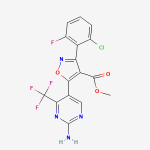 molecular formula C16H9ClF4N4O3 B2450298 Methyl 5-[2-amino-4-(trifluoromethyl)pyrimidin-5-yl]-3-(2-chloro-6-fluorophenyl)-1,2-oxazole-4-carboxylate CAS No. 338966-76-0