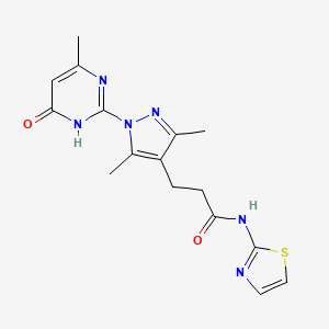 molecular formula C16H18N6O2S B2450306 3-(3,5-二甲基-1-(4-甲基-6-氧代-1,6-二氢嘧啶-2-基)-1H-吡唑-4-基)-N-(噻唑-2-基)丙酰胺 CAS No. 1169998-80-4