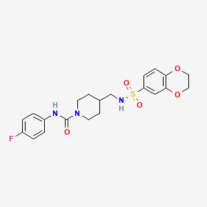 molecular formula C21H24FN3O5S B2450373 4-((2,3-二氢苯并[b][1,4]二氧杂环-6-磺酰氨基)甲基)-N-(4-氟苯基)哌啶-1-甲酰胺 CAS No. 1234971-85-7