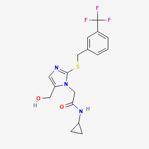 molecular formula C17H18F3N3O2S B2450417 N-环丙基-2-(5-(羟甲基)-2-((3-(三氟甲基)苄基)硫代)-1H-咪唑-1-基)乙酰胺 CAS No. 921524-70-1