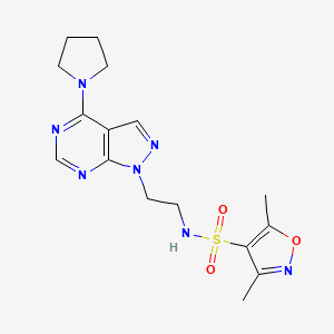 molecular formula C16H21N7O3S B2450420 3,5-dimethyl-N-(2-(4-(pyrrolidin-1-yl)-1H-pyrazolo[3,4-d]pyrimidin-1-yl)ethyl)isoxazole-4-sulfonamide CAS No. 1169985-77-6