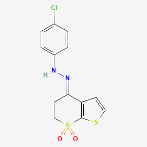 molecular formula C13H11ClN2O2S2 B2450498 4-chloro-N-[(E)-(7,7-dioxo-5,6-dihydrothieno[2,3-b]thiopyran-4-ylidene)amino]aniline CAS No. 338749-59-0