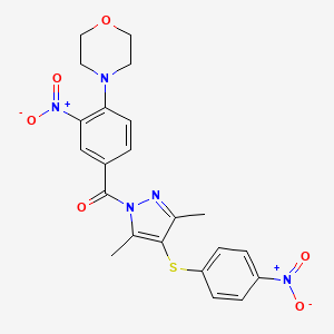 molecular formula C22H21N5O6S B2450527 (3,5-dimethyl-4-((4-nitrophenyl)thio)-1H-pyrazol-1-yl)(4-morpholino-3-nitrophenyl)methanone CAS No. 303227-18-1