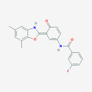 N-[(3E)-3-(5,7-dimethyl-3H-1,3-benzoxazol-2-ylidene)-4-oxocyclohexa-1,5-dien-1-yl]-3-fluorobenzamide