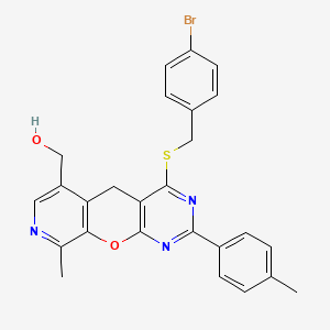 molecular formula C26H22BrN3O2S B2450572 (7-{[(4-溴苯基)甲基]硫烷基}-14-甲基-5-(4-甲基苯基)-2-氧杂-4,6,13-三氮杂三环[8.4.0.0^{3,8}]十四-1(10),3(8),4,6,11,13-己烯-11-基)甲醇 CAS No. 892417-10-6