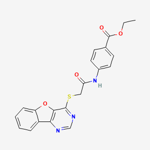 molecular formula C21H17N3O4S B2450597 4-(2-(Benzofuro[3,2-d]pirimidin-4-iltio)acetamido)benzoato de etilo CAS No. 851130-20-6