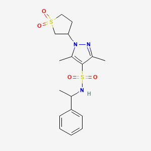 molecular formula C17H23N3O4S2 B2450638 1-(1,1-dioxidotetrahydrothiophen-3-yl)-3,5-dimethyl-N-(1-phenylethyl)-1H-pyrazole-4-sulfonamide CAS No. 1019095-13-6