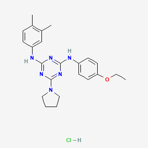 molecular formula C23H29ClN6O B2450640 N2-(3,4-dimethylphenyl)-N4-(4-ethoxyphenyl)-6-(pyrrolidin-1-yl)-1,3,5-triazine-2,4-diamine hydrochloride CAS No. 1185105-30-9