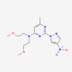 molecular formula C14H20N6O4 B2450664 N,N-双(2-甲氧基乙基)-6-甲基-2-(4-硝基吡唑-1-基)嘧啶-4-胺 CAS No. 1001607-99-3