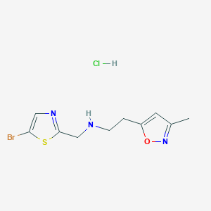 molecular formula C10H13BrClN3OS B2450690 N-[(5-Bromo-1,3-thiazol-2-yl)methyl]-2-(3-methyl-1,2-oxazol-5-yl)ethanamine;hydrochloride CAS No. 2418643-85-1