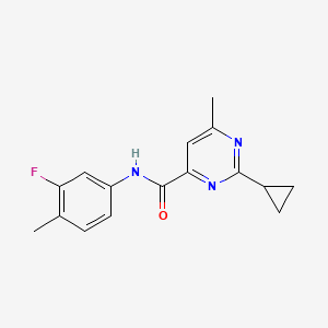 molecular formula C16H16FN3O B2450725 2-Cyclopropyl-N-(3-fluoro-4-methylphenyl)-6-methylpyrimidine-4-carboxamide CAS No. 2415630-08-7