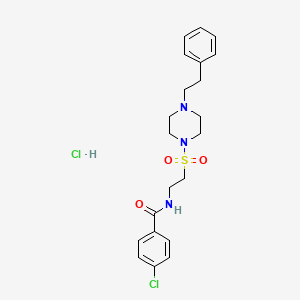 molecular formula C21H27Cl2N3O3S B2450794 4-chloro-N-(2-((4-phenethylpiperazin-1-yl)sulfonyl)ethyl)benzamide hydrochloride CAS No. 1329459-99-5