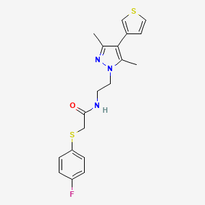 molecular formula C19H20FN3OS2 B2450910 N-(2-(3,5-dimethyl-4-(thiophen-3-yl)-1H-pyrazol-1-yl)ethyl)-2-((4-fluorophenyl)thio)acetamide CAS No. 2034325-22-7