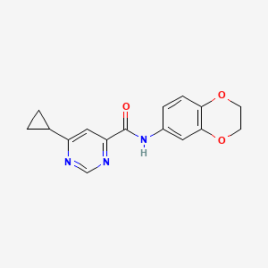 molecular formula C16H15N3O3 B2450923 6-Cyclopropyl-N-(2,3-dihydro-1,4-benzodioxin-6-yl)pyrimidine-4-carboxamide CAS No. 2415620-88-9