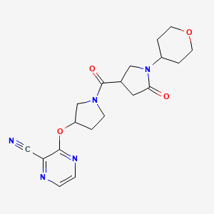 molecular formula C19H23N5O4 B2451093 3-((1-(5-oxo-1-(tetrahydro-2H-pyran-4-yl)pyrrolidine-3-carbonyl)pyrrolidin-3-yl)oxy)pyrazine-2-carbonitrile CAS No. 2034576-41-3