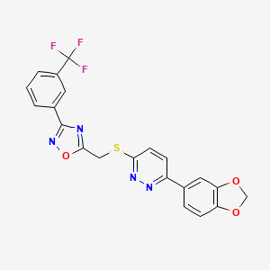 molecular formula C21H13F3N4O3S B2451107 3-(1,3-Benzodioxol-5-yl)-6-[({3-[3-(trifluoromethyl)phenyl]-1,2,4-oxadiazol-5-yl}methyl)sulfanyl]pyridazine CAS No. 1115285-16-9