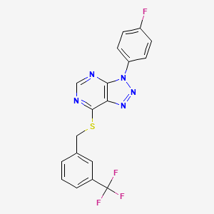 molecular formula C18H11F4N5S B2451111 3-(4-Fluorophenyl)-7-[[3-(trifluoromethyl)phenyl]methylsulfanyl]triazolo[4,5-d]pyrimidine CAS No. 863460-49-5