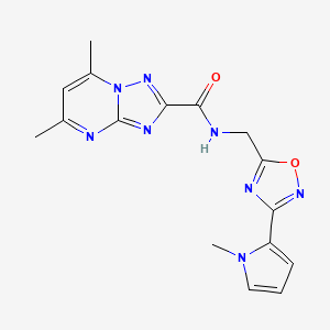 molecular formula C16H16N8O2 B2451159 5,7-二甲基-N-((3-(1-甲基-1H-吡咯-2-基)-1,2,4-恶二唑-5-基)甲基)-[1,2,4]三唑并[1,5-a]嘧啶-2-甲酰胺 CAS No. 2034549-00-1