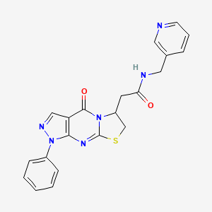 molecular formula C21H18N6O2S B2451168 2-(4-oxo-1-phenyl-1,4,6,7-tetrahydropyrazolo[3,4-d]thiazolo[3,2-a]pyrimidin-6-yl)-N-(pyridin-3-ylmethyl)acetamide CAS No. 952804-31-8