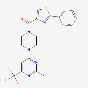 molecular formula C20H18F3N5OS B2451179 (4-(2-Methyl-6-(trifluoromethyl)pyrimidin-4-yl)piperazin-1-yl)(2-phenylthiazol-4-yl)methanone CAS No. 2034442-22-1