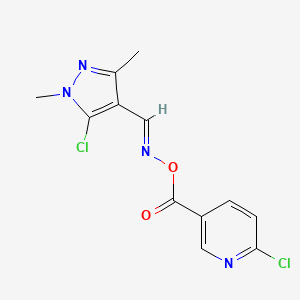 molecular formula C12H10Cl2N4O2 B2451232 (E)-[(5-氯-1,3-二甲基-1H-吡唑-4-基)亚甲基]氨基6-氯吡啶-3-羧酸酯 CAS No. 477709-11-8