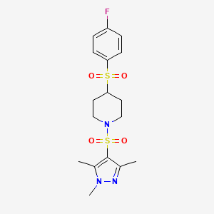 molecular formula C17H22FN3O4S2 B2451244 4-((4-fluorophenyl)sulfonyl)-1-((1,3,5-trimethyl-1H-pyrazol-4-yl)sulfonyl)piperidine CAS No. 1448061-14-0