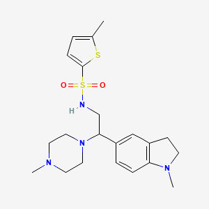 molecular formula C21H30N4O2S2 B2451305 5-methyl-N-(2-(1-methylindolin-5-yl)-2-(4-methylpiperazin-1-yl)ethyl)thiophene-2-sulfonamide CAS No. 946343-53-9