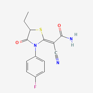 molecular formula C14H12FN3O2S B2451376 (2Z)-2-氰基-2-[5-乙基-3-(4-氟苯基)-4-氧代-1,3-噻唑烷-2-亚烷基]乙酰胺 CAS No. 850238-48-1