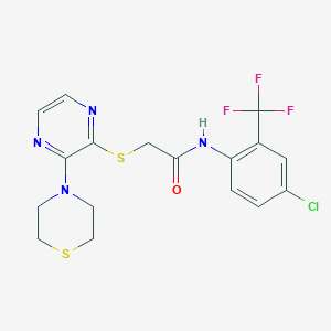 molecular formula C17H16ClF3N4OS2 B2451425 N-(4-chloro-2-(trifluoromethyl)phenyl)-2-((3-thiomorpholinopyrazin-2-yl)thio)acetamide CAS No. 1226447-53-5
