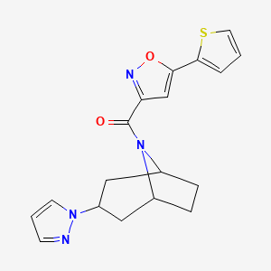 molecular formula C18H18N4O2S B2451437 ((1R,5S)-3-(1H-pyrazol-1-yl)-8-azabicyclo[3.2.1]octan-8-yl)(5-(thiophen-2-yl)isoxazol-3-yl)methanone CAS No. 2309346-04-9