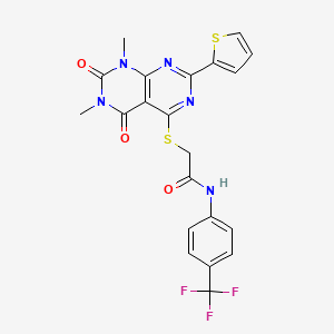 molecular formula C21H16F3N5O3S2 B2451528 2-((6,8-dimethyl-5,7-dioxo-2-(thiophen-2-yl)-5,6,7,8-tetrahydropyrimido[4,5-d]pyrimidin-4-yl)thio)-N-(4-(trifluoromethyl)phenyl)acetamide CAS No. 847191-86-0