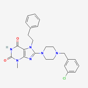 molecular formula C25H27ClN6O2 B2451614 8-(4-(3-chlorobenzyl)piperazin-1-yl)-3-methyl-7-phenethyl-1H-purine-2,6(3H,7H)-dione CAS No. 886910-45-8