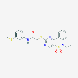 molecular formula C21H20N4O3S3 B2451686 2-[(6-ethyl-5,5-dioxido-6H-pyrimido[5,4-c][2,1]benzothiazin-2-yl)thio]-N-[3-(methylthio)phenyl]acetamide CAS No. 951513-25-0