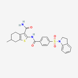 molecular formula C25H25N3O4S2 B2451700 2-(4-(Indolin-1-ylsulfonyl)benzamido)-6-methyl-4,5,6,7-tetrahydrobenzo[b]thiophene-3-carboxamide CAS No. 394229-09-5