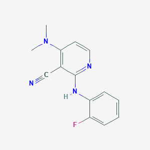 molecular formula C14H13FN4 B2452095 4-(二甲氨基)-2-(2-氟苯胺基)烟腈 CAS No. 339102-33-9