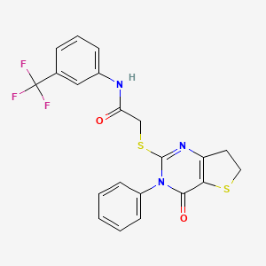 molecular formula C21H16F3N3O2S2 B2452171 2-((4-oxo-3-phenyl-3,4,6,7-tetrahydrothieno[3,2-d]pyrimidin-2-yl)thio)-N-(3-(trifluoromethyl)phenyl)acetamide CAS No. 686770-77-4