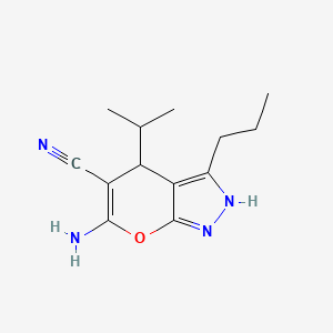 molecular formula C13H18N4O B2452281 6-Amino-4-isopropyl-3-propyl-1,4-dihydropyrano[2,3-c]pyrazole-5-carbonitrile CAS No. 337500-49-9